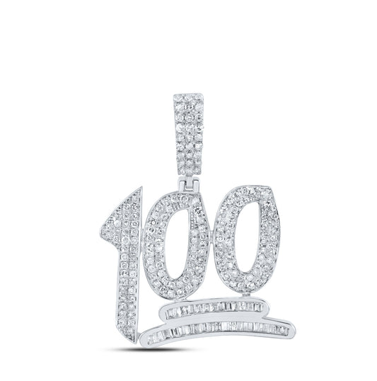 Sterling Silver Mens Round Diamond 100 Emoji Phrase Charm Pendant 7/8ctw