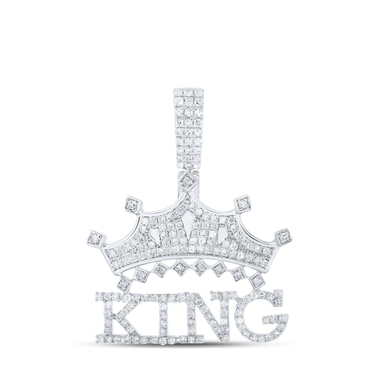 Sterling Silver Mens Round Diamond KING Crown Charm Pendant 7/8ctw