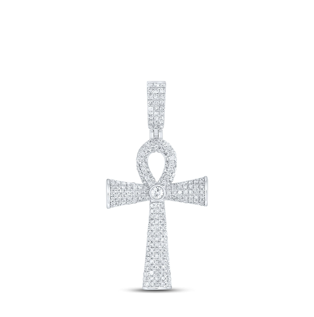 Sterling Silver Mens Round Diamond Ankh Cross Charm Pendant 1ctw