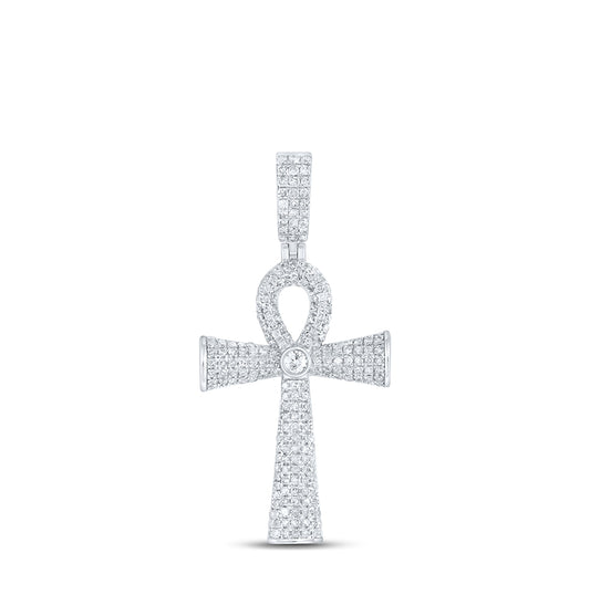 Sterling Silver Mens Round Diamond Ankh Cross Charm Pendant 1ctw