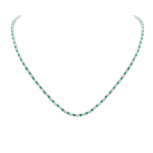 14K White Gold Womens Round Emerald Diamond Single Row Tennis Necklace 5 Cttw