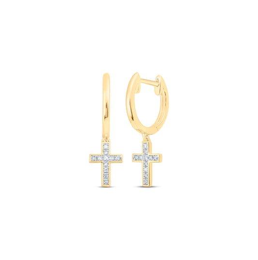 10K White Or Yellow Gold Womens Round Diamond Cross Dangle Earrings