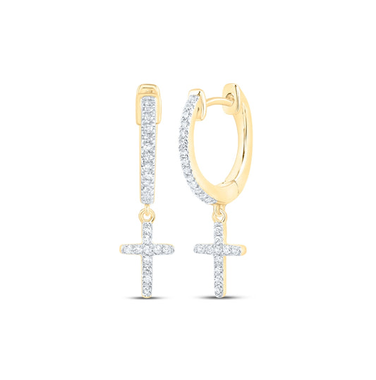 10K White Or Yellow Gold Womens Round Diamond Cross Dangle Earrings