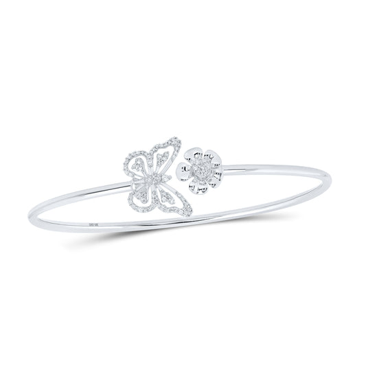 10K White Gold Womens Round Diamond Butterfly Flower Bangle Bracelet 1/4 Cttw