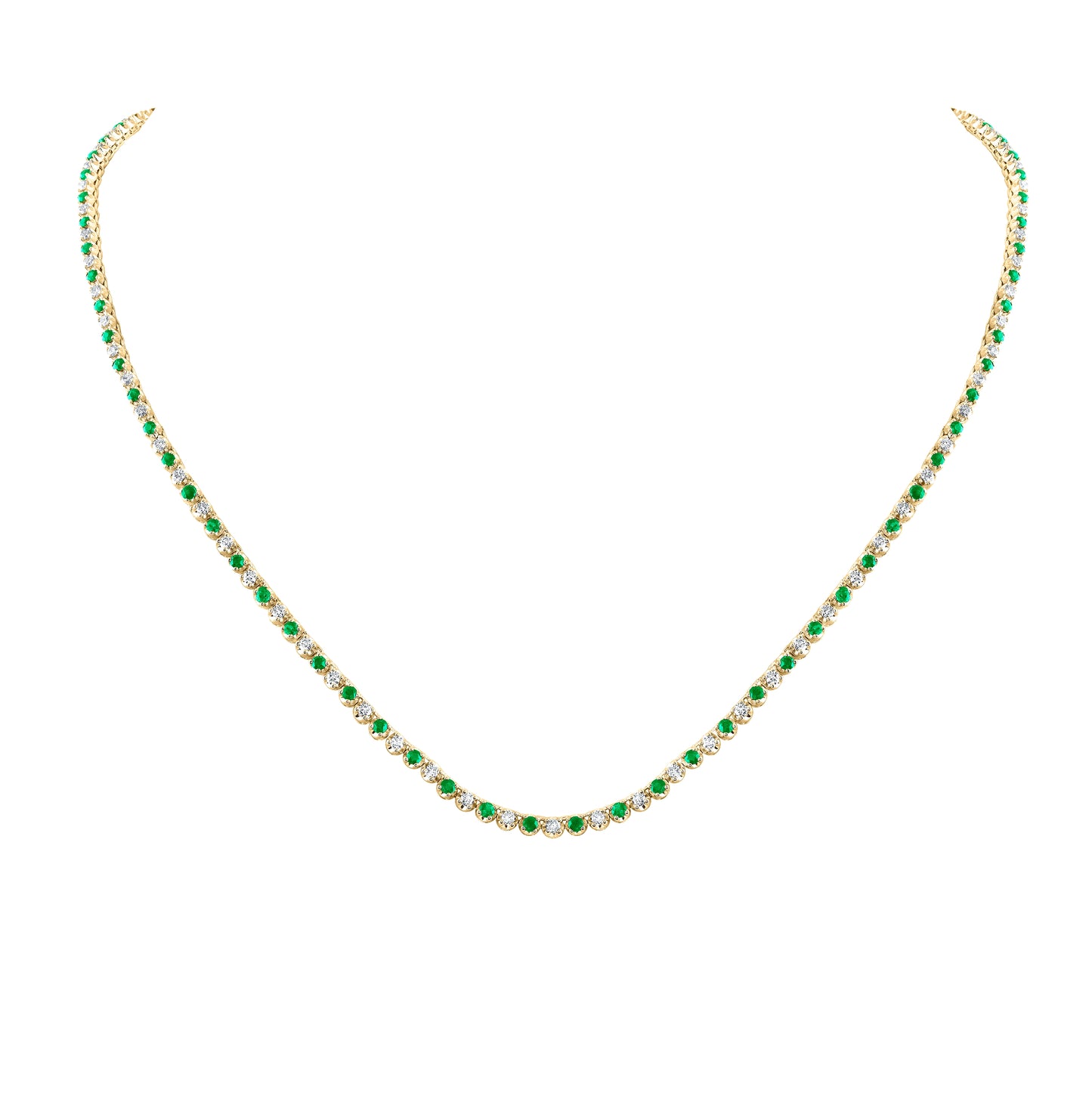 14K Yellow Gold Womens Round Emerald Diamond Tennis Necklace 5-5/8 Cttw