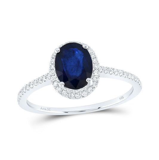 14K White Gold Womens Oval Blue Sapphire Solitaire Diamond Halo Ring 1 Cttw, Womens Size: 5-10