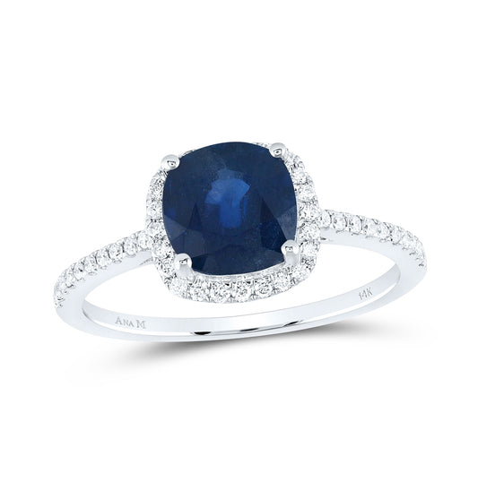 14K White Gold Womens Cushion Blue Sapphire Diamond Halo Ring 2-1/3 Cttw, Womens Size: 5-10