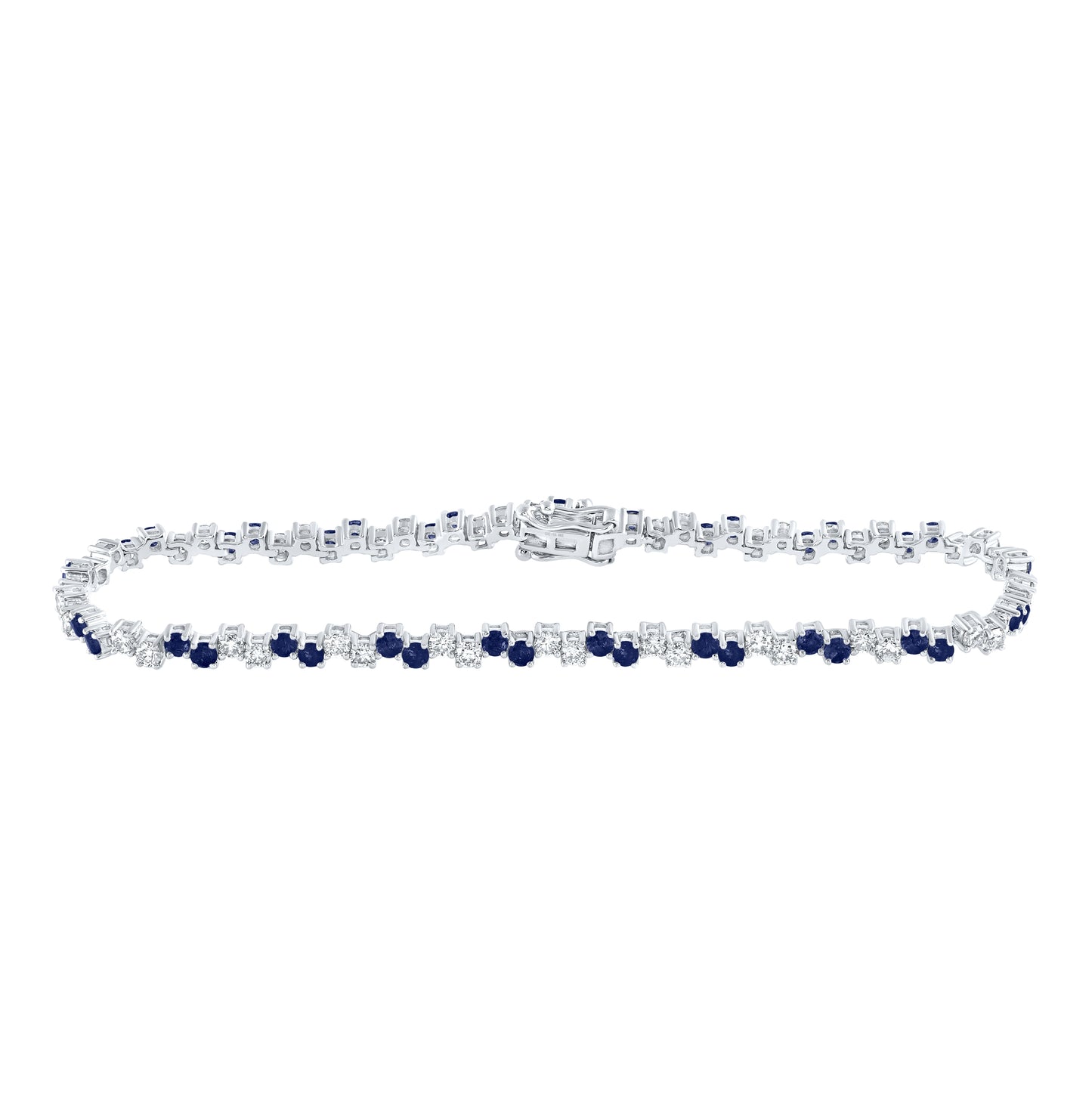 14K White Gold Womens Round Blue Sapphire Diamond Tennis Bracelet 3-7/8 Cttw