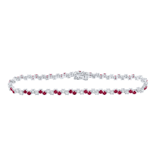 14K White Gold Womens Round Ruby Diamond Tennis Bracelet 3-3/4 Cttw