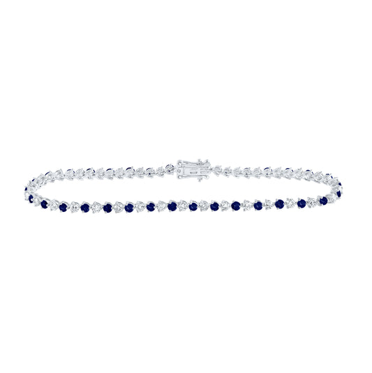 14K White Gold Womens Round Blue Sapphire Diamond Tennis Bracelet 3-1/5 Cttw