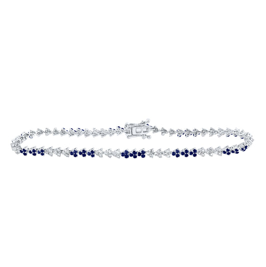 14K White Gold Womens Round Blue Sapphire Diamond Tennis Bracelet 1-3/4 Cttw