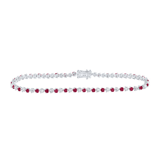 14K White Gold Womens Round Ruby Diamond Tennis Bracelet 3-1/4 Cttw