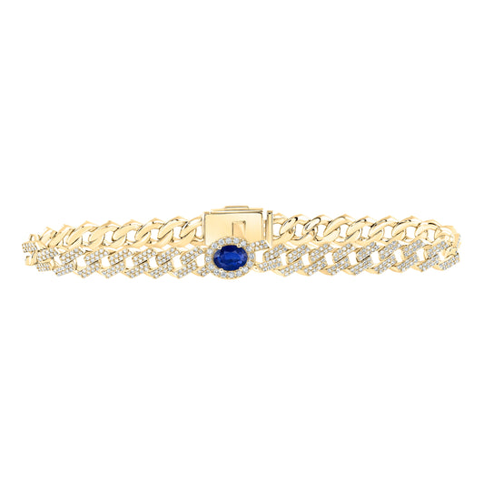 10K Yellow Gold Womens Oval Blue Sapphire Diamond Cuban Link Bracelet 4-1/5 Cttw, Width: 0.31 In