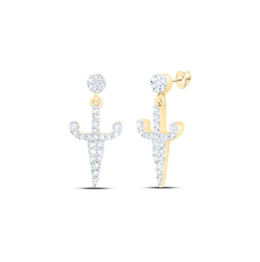 10K White Or Yellow Gold Womens Round Diamond Dagger Dangle Earrings