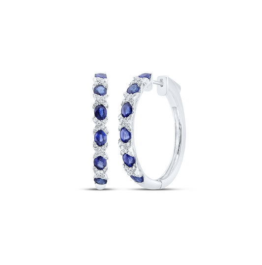 14K White Gold Womens Oval Blue Sapphire Diamond Hoop Earrings 3-1/3 Cttw