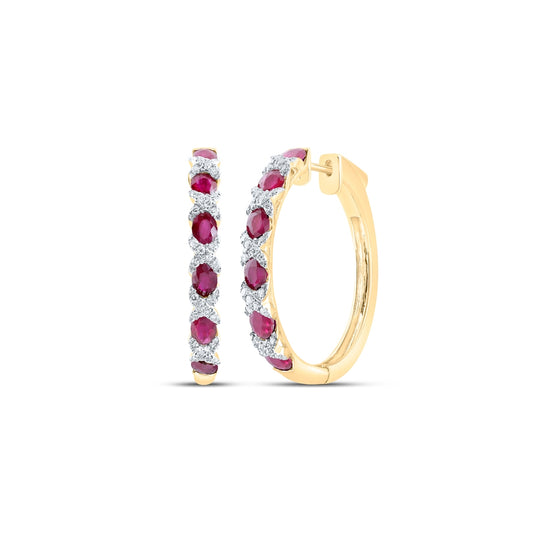 14K Yellow Or White Or Rose Gold Womens Oval Ruby Diamond Hoop Earrings