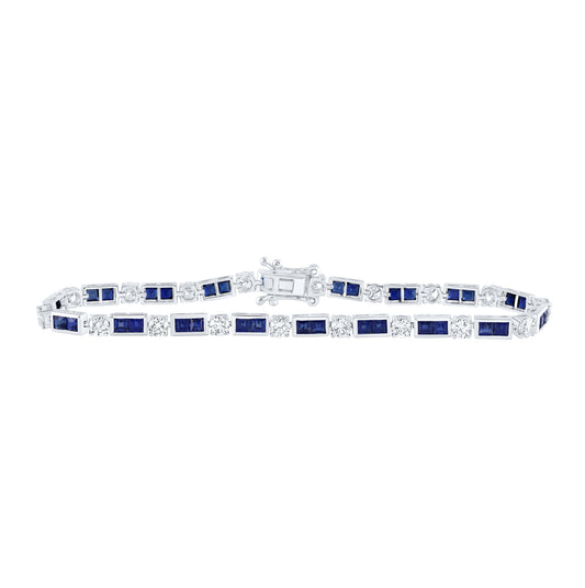 14K White Gold Womens Princess Blue Sapphire Diamond Tennis Bracelet 7-1/4 Cttw