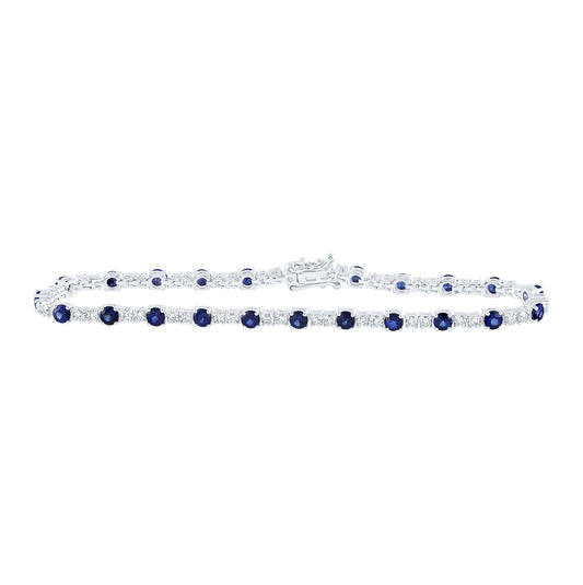 14K White Gold Womens Round Blue Sapphire Diamond Tennis Bracelet 4-1/2 Cttw