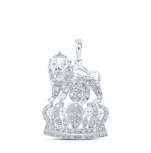 Sterling Silver Mens Round Diamond Lion Crown Charm Pendant 1/4 Cttw