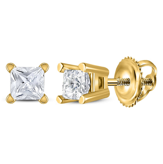 14K Yellow Gold Unisex Princess Diamond Solitaire Stud Earrings 1/5 Cttw