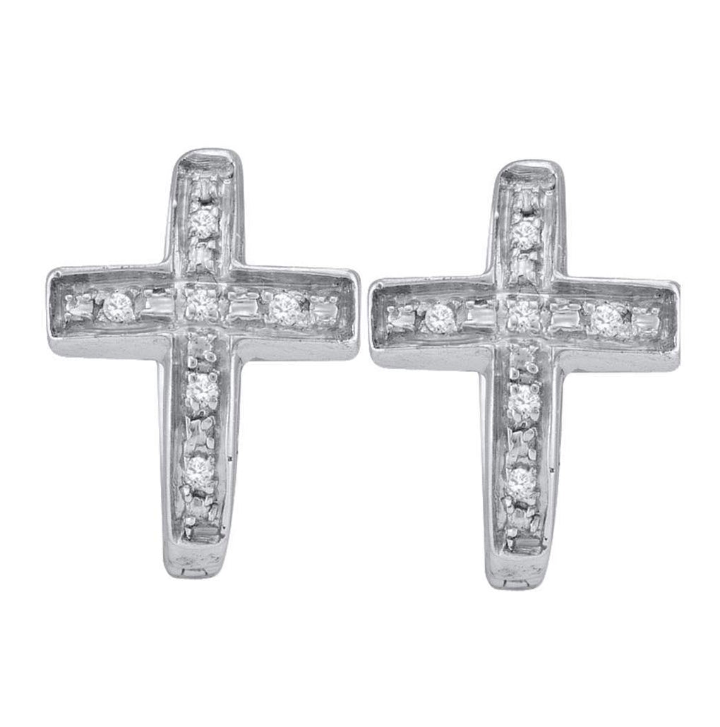 Sterling Silver Womens Round Diamond Cross Huggie Hoop Earrings 1/20 Cttw, Length: 0.39 In, Width: 0.35 In