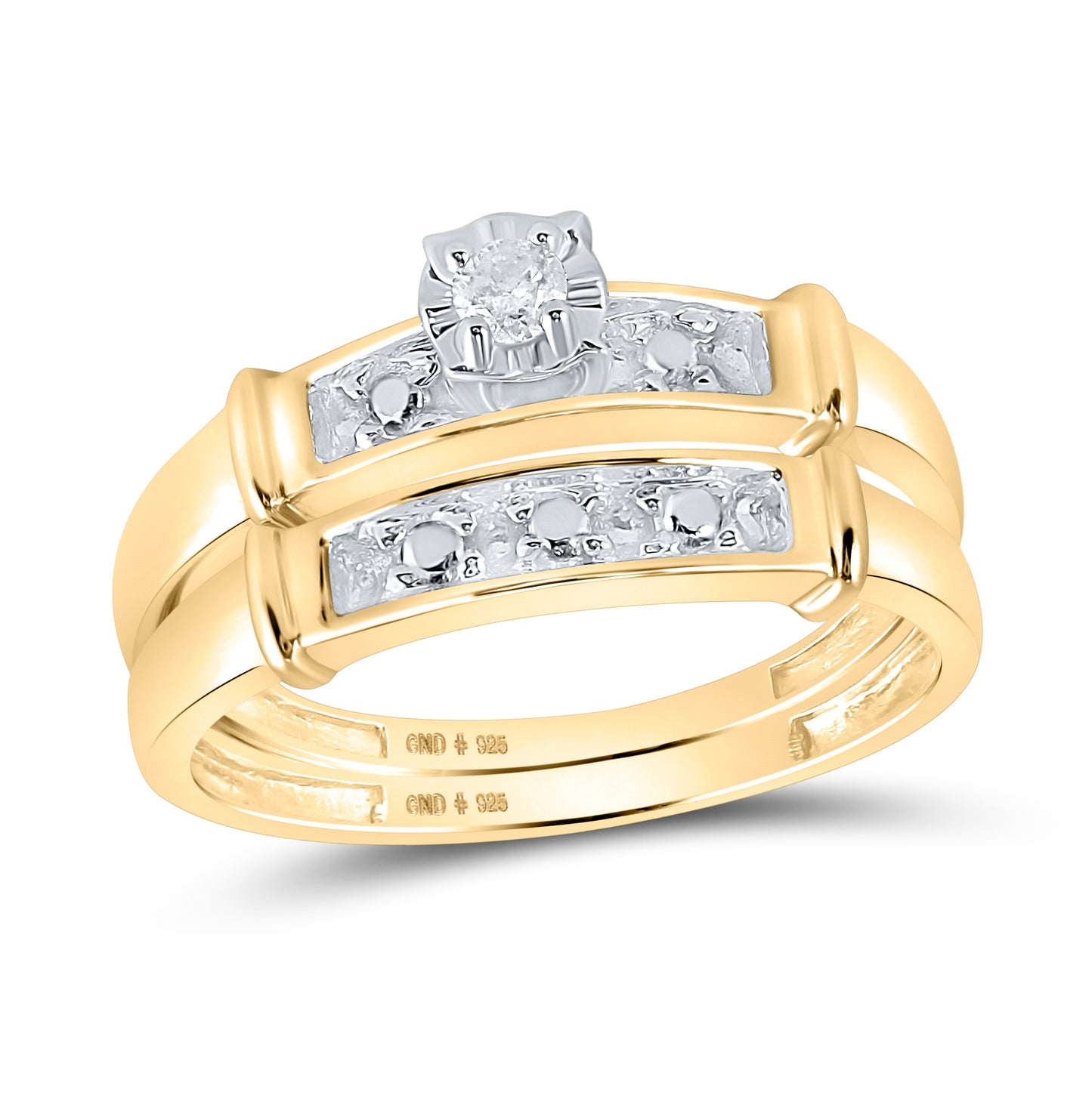 Yellow-tone Sterling Silver His Hers Round Diamond Matching Wedding Set 1/20 Cttw, Womens Size: 5-10, Mens Size: 7-13