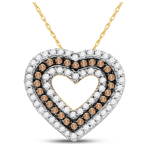 14kt Yellow Gold Womens Round Brown Diamond Heart Outline Pendant 3/4 Cttw