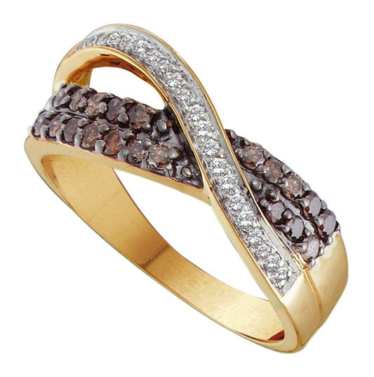 14kt Yellow Gold Womens Round Brown Diamond Crossover Band Ring 1/2 Cttw