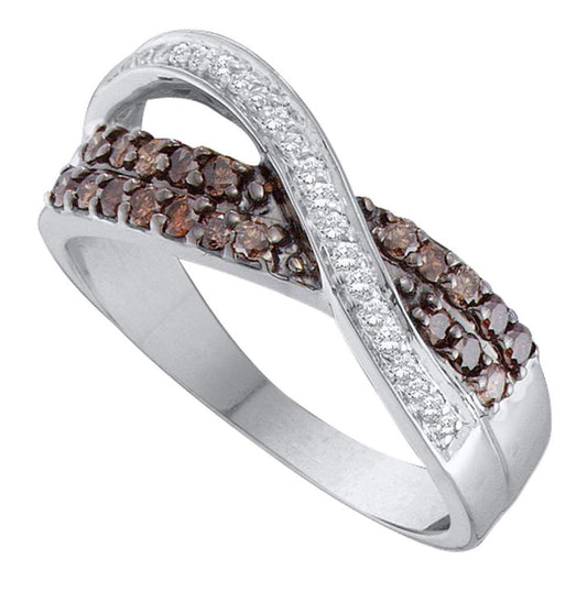 14kt White Gold Womens Round Brown Diamond Crossover Band Ring 1/2 Cttw