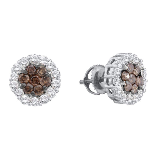 14kt White Gold Womens Round Brown Diamond Flower Cluster Earrings 1-1/2 Cttw