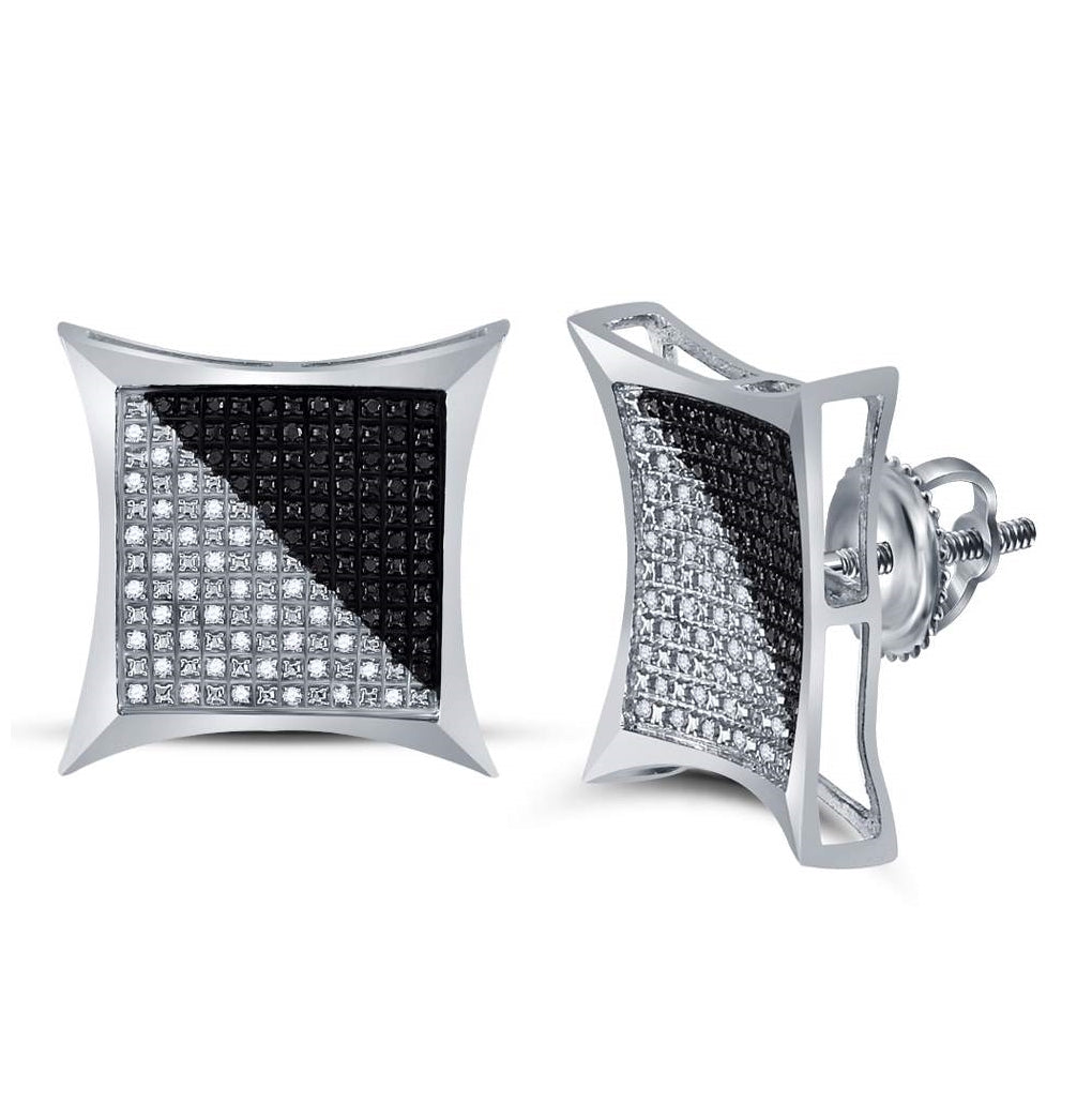 Sterling Silver Unisex Round Color Enhanced Black Diamond Square Kite Cluster Earrings 1/2 Cttw