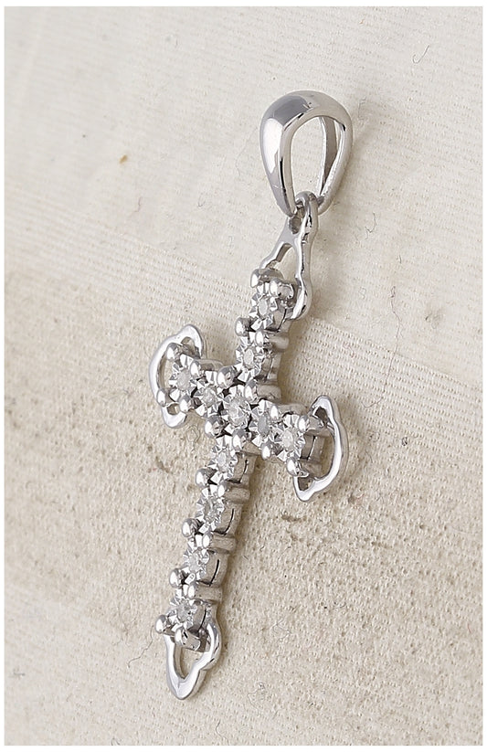 Sterling Silver Womens Round Diamond Trefoil Tips Cross Pendant 1/8ctw