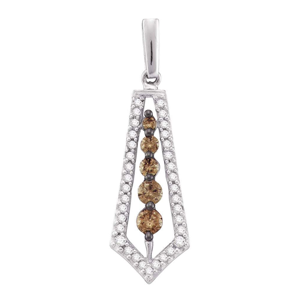 14kt White Gold Womens Round Brown Diamond Vertical Journey Pendant 1/2 Cttw