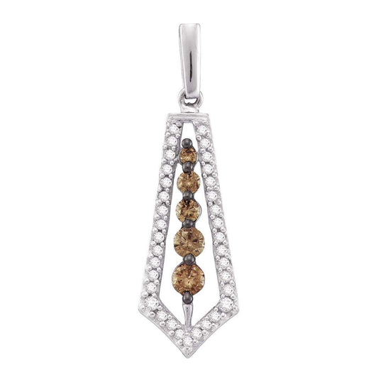 14kt White Gold Womens Round Brown Diamond Vertical Journey Pendant 1/2 Cttw