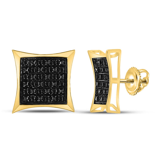 Yellow-tone Sterling Silver Mens Round Black Color Enhanced Diamond Square Earrings 1/8 Cttw