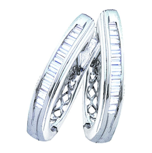 Sterling Silver Womens Baguette Diamond Hoop Earrings 1/3ctw