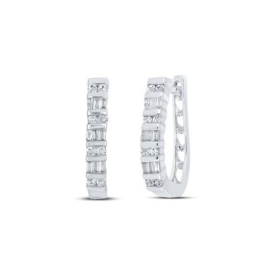 Sterling Silver Womens Baguette Round Diamond Hoop Earrings 1/4 Cttw