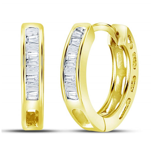 Yellow-tone Sterling Silver Womens Baguette Diamond Huggie Earrings 1/6 Cttw, Length: 0.49 In