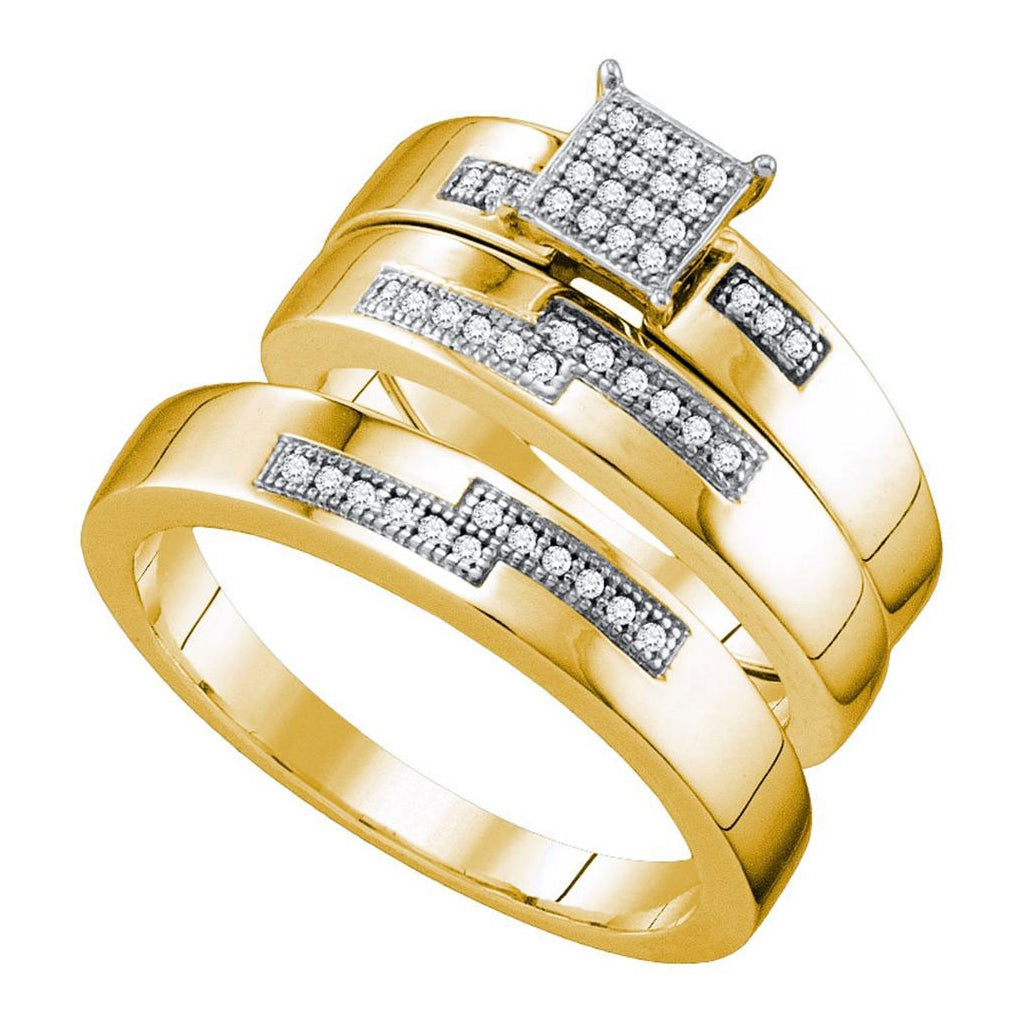 Yellow-tone Sterling Silver His Hers Round Diamond Square Matching Bridal Wedding Ring Band Set 1/6 Cttw