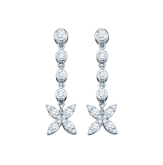 10K White Gold Womens Round Diamond Flower Cluster Dangle Earrings 3/4 Cttw, Length: 1.06 In, Width: 0.28 In