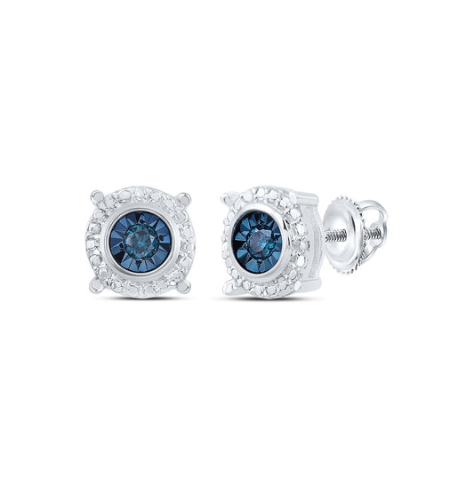 Sterling Silver Womens Round Blue Color Enhanced Diamond Stud Earrings 1/10ctw, Length: 0.35 Inch Width: 0.35 Inch