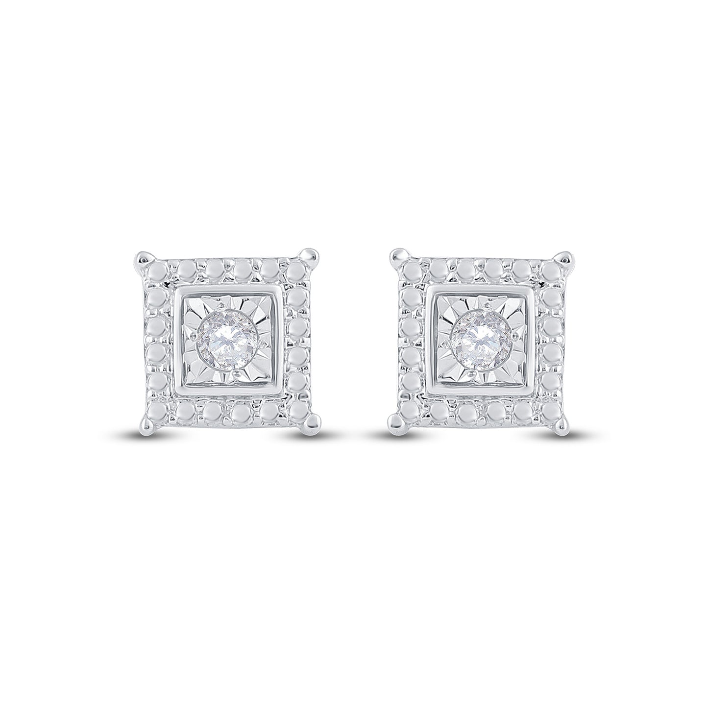 Sterling Silver Womens Round Diamond Solitaire Square Stud Earrings 1/10ctw