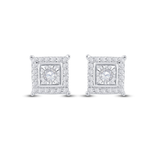 Sterling Silver Womens Round Diamond Solitaire Square Stud Earrings 1/10ctw