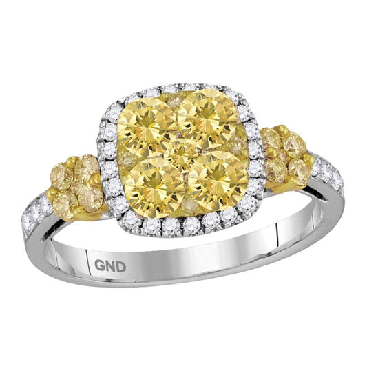 18kt White Gold 18kt White Gold Womens Round Yellow Diamond Square Cluster Ring 1-1/2 Cttw