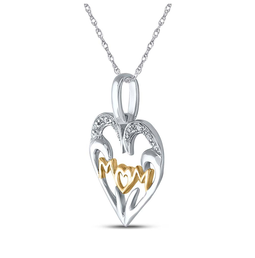 Two-tone Sterling Silver Womens Round Diamond Mom Heart Pendant .03ctw