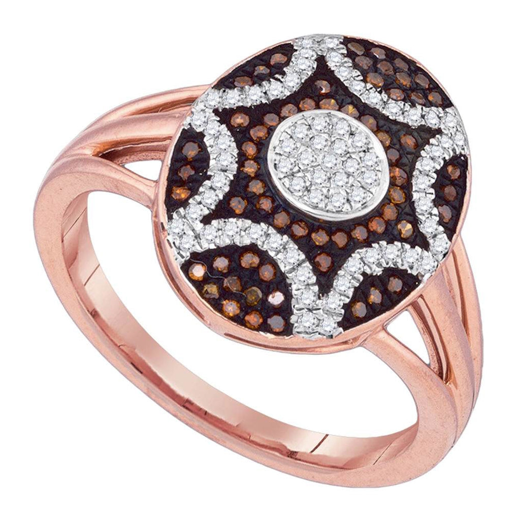 10kt Rose Gold Womens Round Red Color Enhanced Diamond Oval Starburst Ring 1/3 Cttw