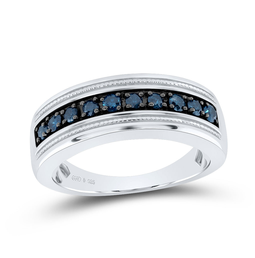 Sterling Silver Mens Round Blue Color Enhanced Diamond Wedding Anniversary Band 1/2 Cttw, Mens Size: 7-13