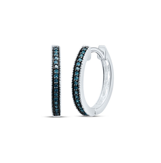 Sterling Silver Womens Round Blue Color Enhanced Diamond Single Row Hoop Earrings 1/10ctw