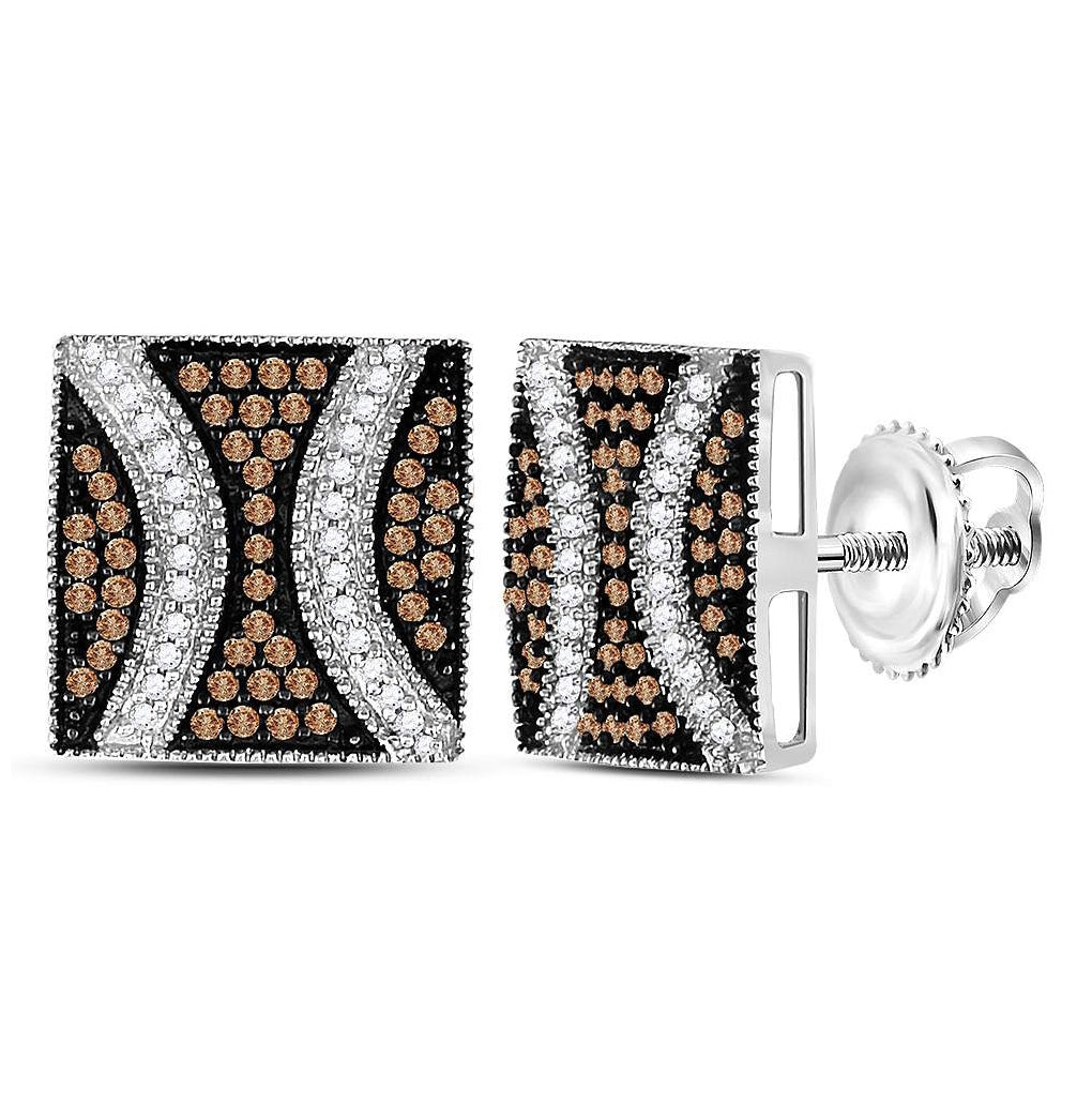 Sterling Silver Womens Round Brown Diamond Square Cluster Earrings 1/2 Cttw