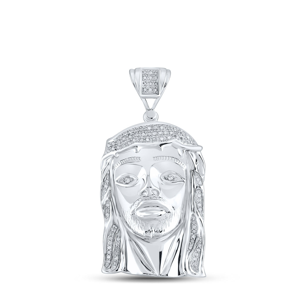 Sterling Silver Mens Round Diamond Jesus Face Charm Pendant 3/8 Cttw, Length: 2.11 In, Width: 1.08 In